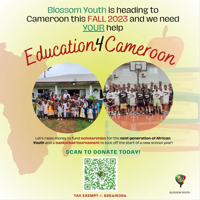 Our Education4Cameroon campaign artwork, with two round photographs of children and the campaign name across the middle.