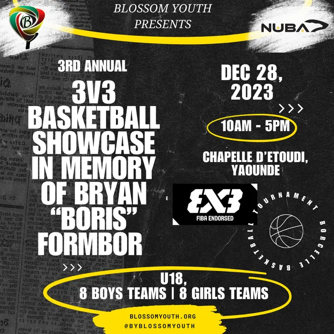 Our poster for the 3rd annual 3v3 basketball showcase in Yaoundé, December 2023.
